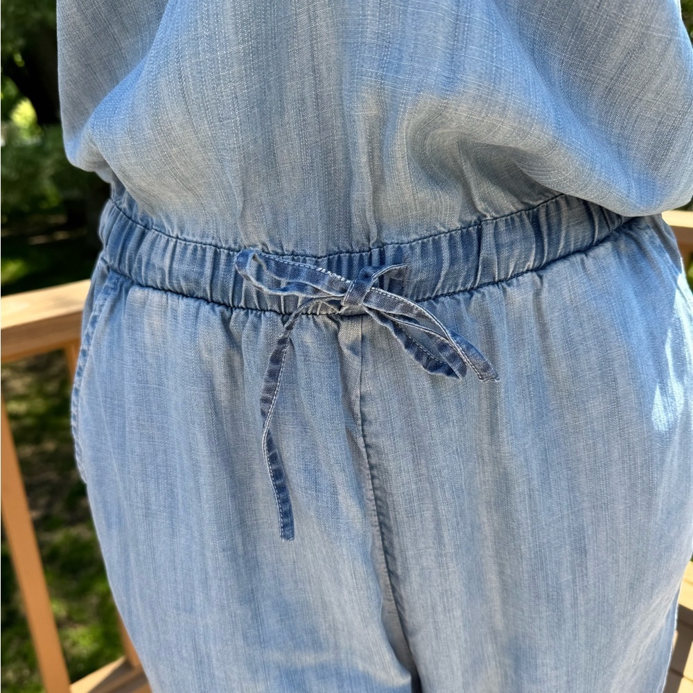 Boston Proper Blue Chambray Jumpsuit Size XS button up front tie elastic waist - Picture 4 of 12